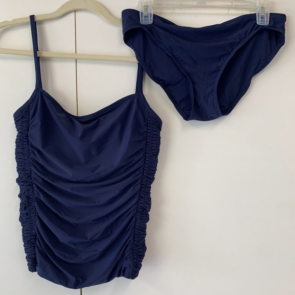 DKNY SWIM Navy Ruched Tankini Top & Bikini Bottom Set - sz L